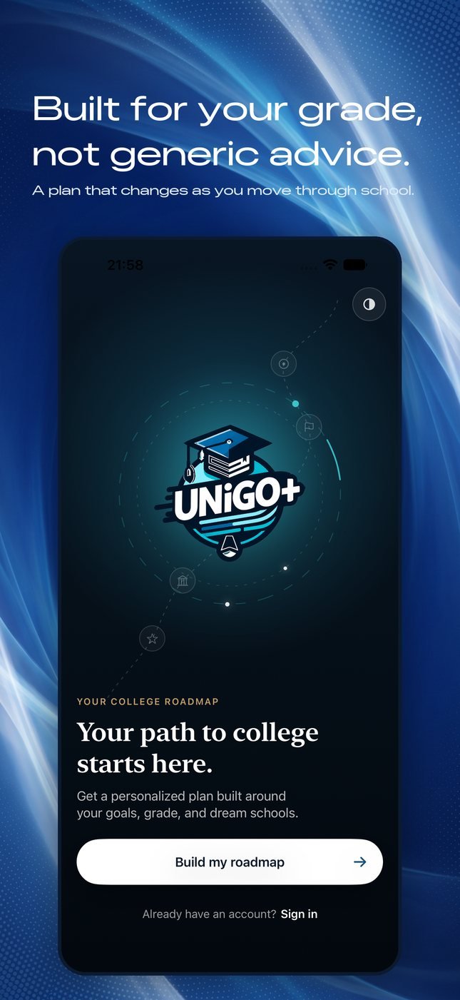 Onboarding screen: the UniGo+ mark above the line 'Your path to college starts here' and a Build my roadmap button.