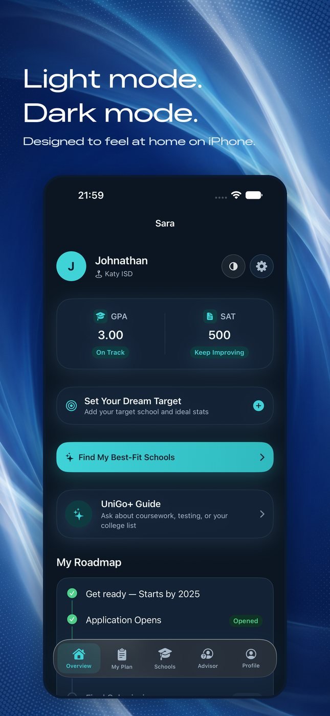 The same overview dashboard in dark mode, with the GPA and SAT cards, dream-target prompt and roadmap.