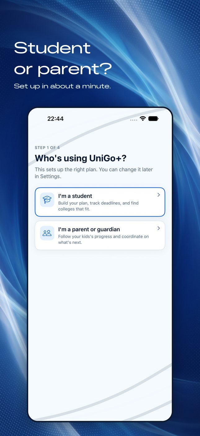 Setup step one: choosing between a student account and a parent or guardian account.