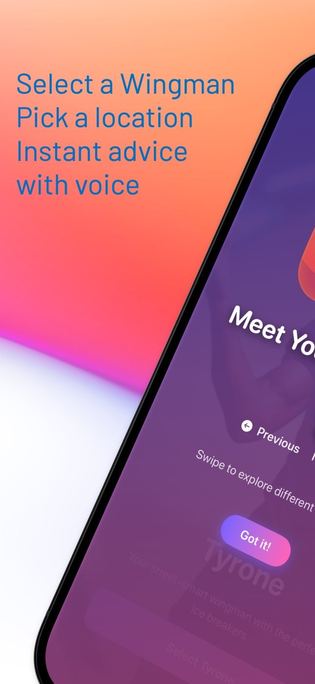 Wingman+ introduction: select a wingman, pick a location, and get instant advice with voice.