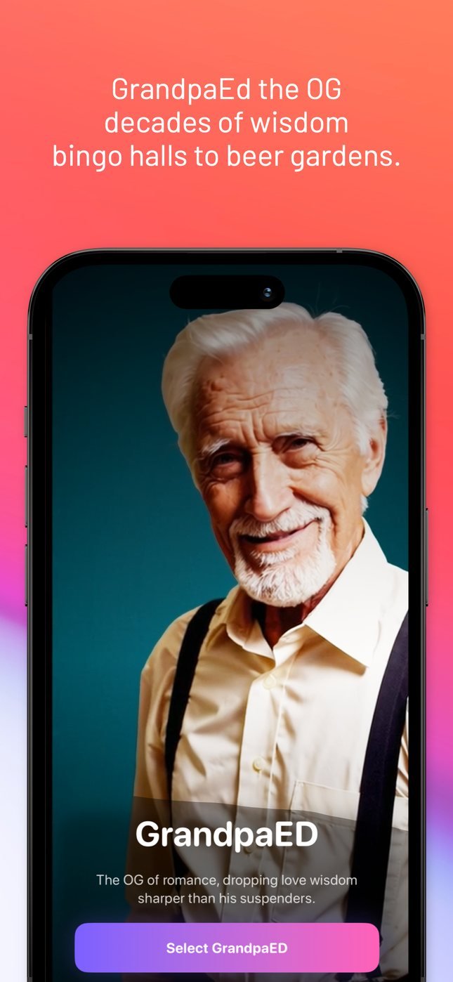 GrandpaED’s character card — decades of wisdom, from bingo halls to beer gardens.